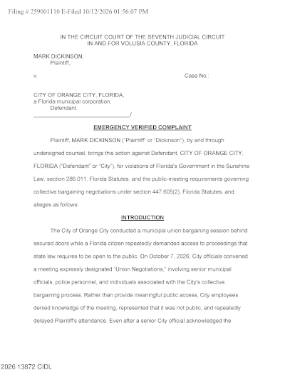 First page of Mark Dickinson’s emergency verified complaint against the City of Orange City, filed October 12, 2026.
