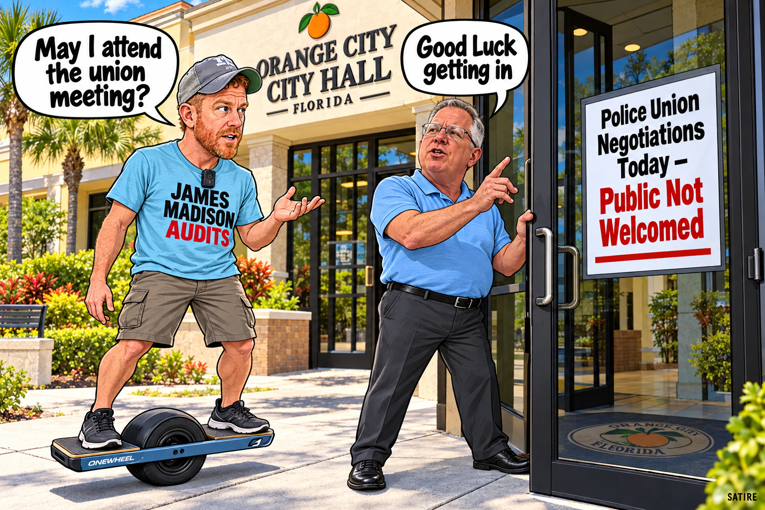 Satirical illustration of a journalist seeking entry to police union negotiations at Orange City City Hall.